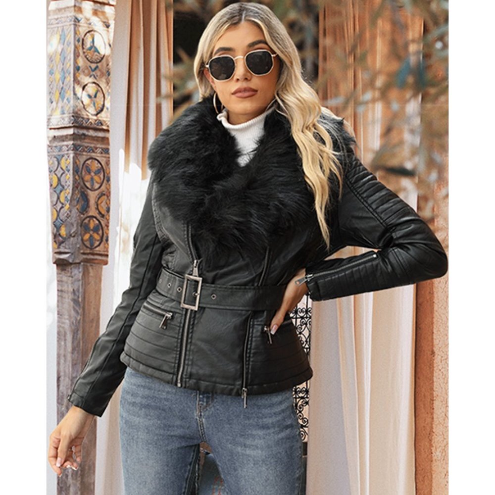 Black Faux Fur Leather Belted Motorcycle Bomber Jacket Sherpa Winter Biker Coat‎ - Picture 2 of 10